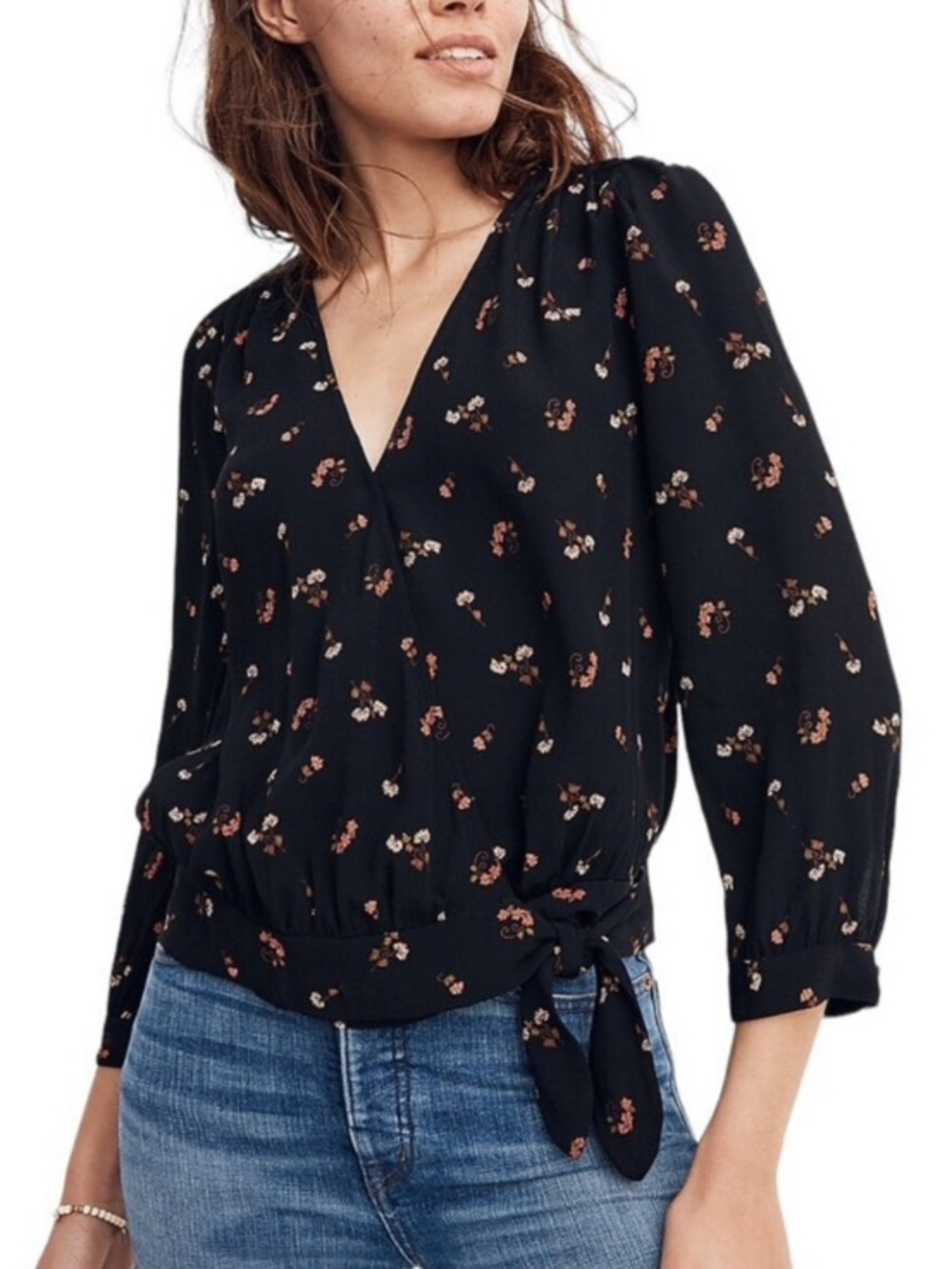 Madewell Black Floral Tie-Waist Blouse